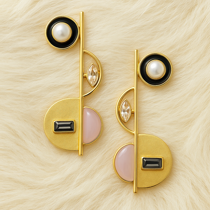 Gold-Toned Geometric Statement Earrings with Pearl & Stone Accents
