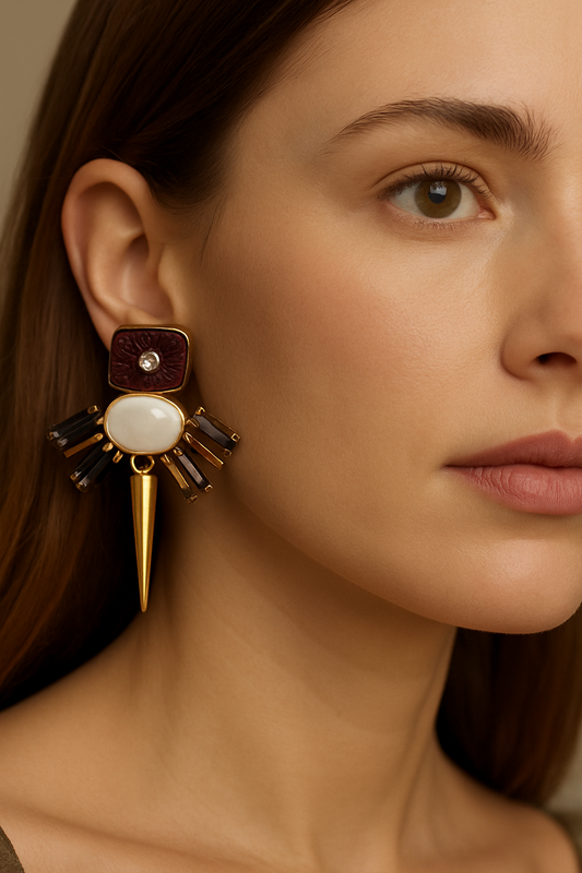 Gold-Toned Statement Earrings with Black & White Stones