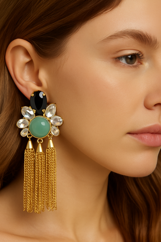 Gold-Toned Tassel Earrings with Black, Green & Crystal Accents