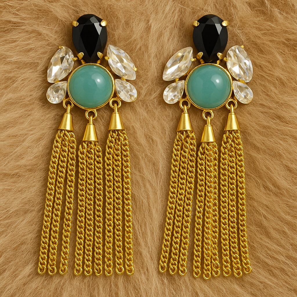 Gold-Toned Tassel Earrings with Black, Green & Crystal Accents