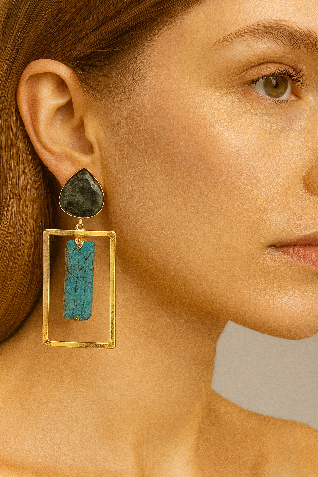 Gold-Toned Geometric Drop Earrings with Turquoise Accents