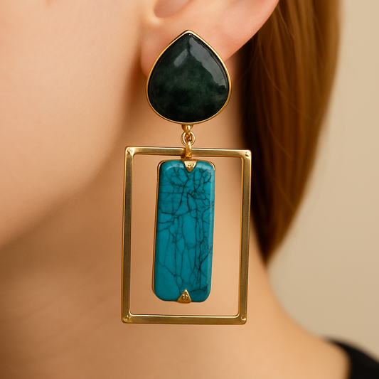 Gold-Toned Geometric Drop Earrings with Turquoise Accents
