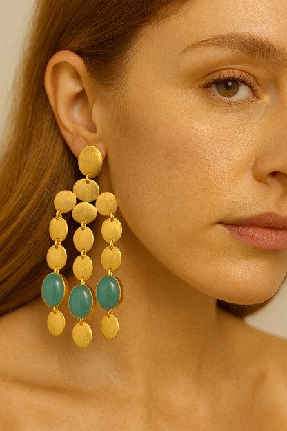 Gold-Toned Disc Drop Earrings with Green Synthetic Stones