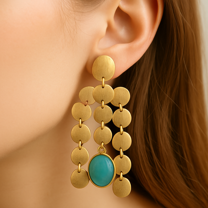 Gold-Toned Disc Drop Earrings with Green Synthetic Stones