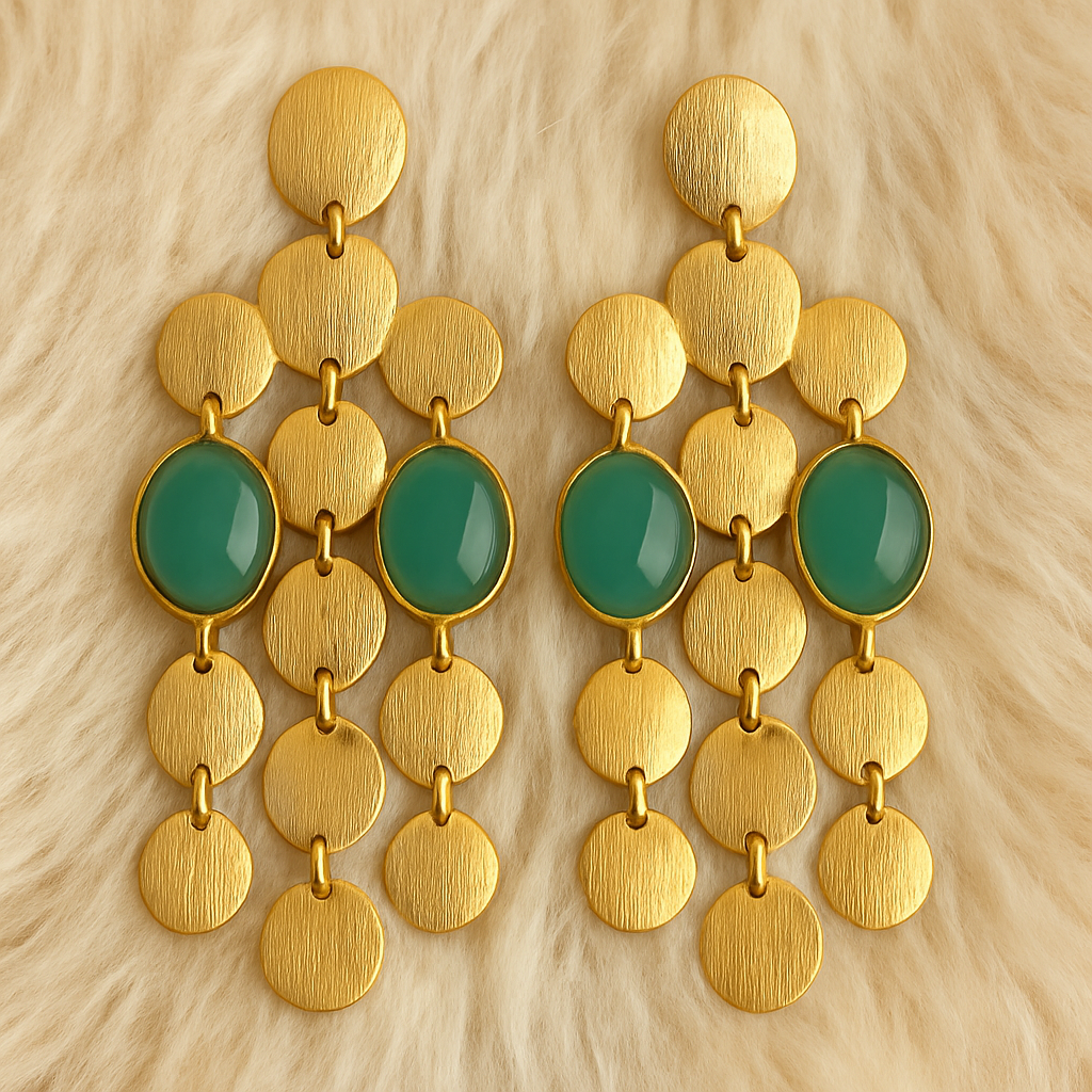 Gold-Toned Disc Drop Earrings with Green Synthetic Stones