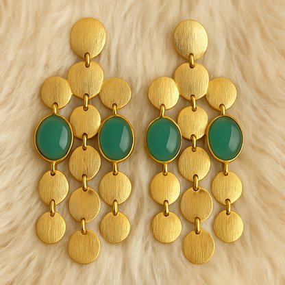 Gold-Toned Disc Drop Earrings with Green Synthetic Stones