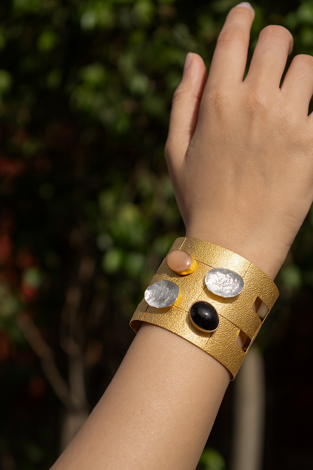 Gold-Tone Wide Cuff Bracelet with Multi-Stone Accents
