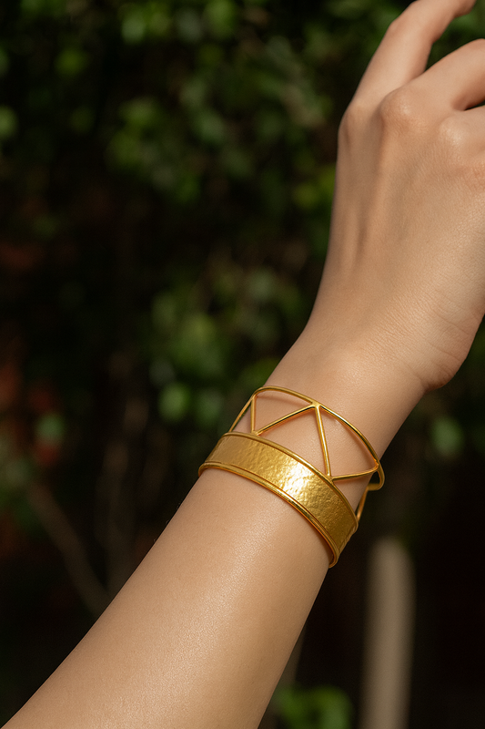 Geometric Open Design Gold-Tone Hammered Cuff Bracelet