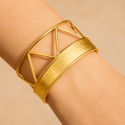 Geometric Open Design Gold-Tone Hammered Cuff Bracelet