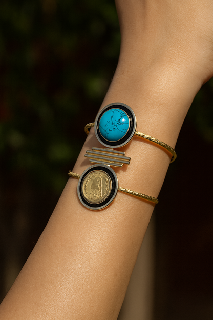 Dual Stone Gold-Tone Cuff Bracelet with Turquoise and Coin Motif