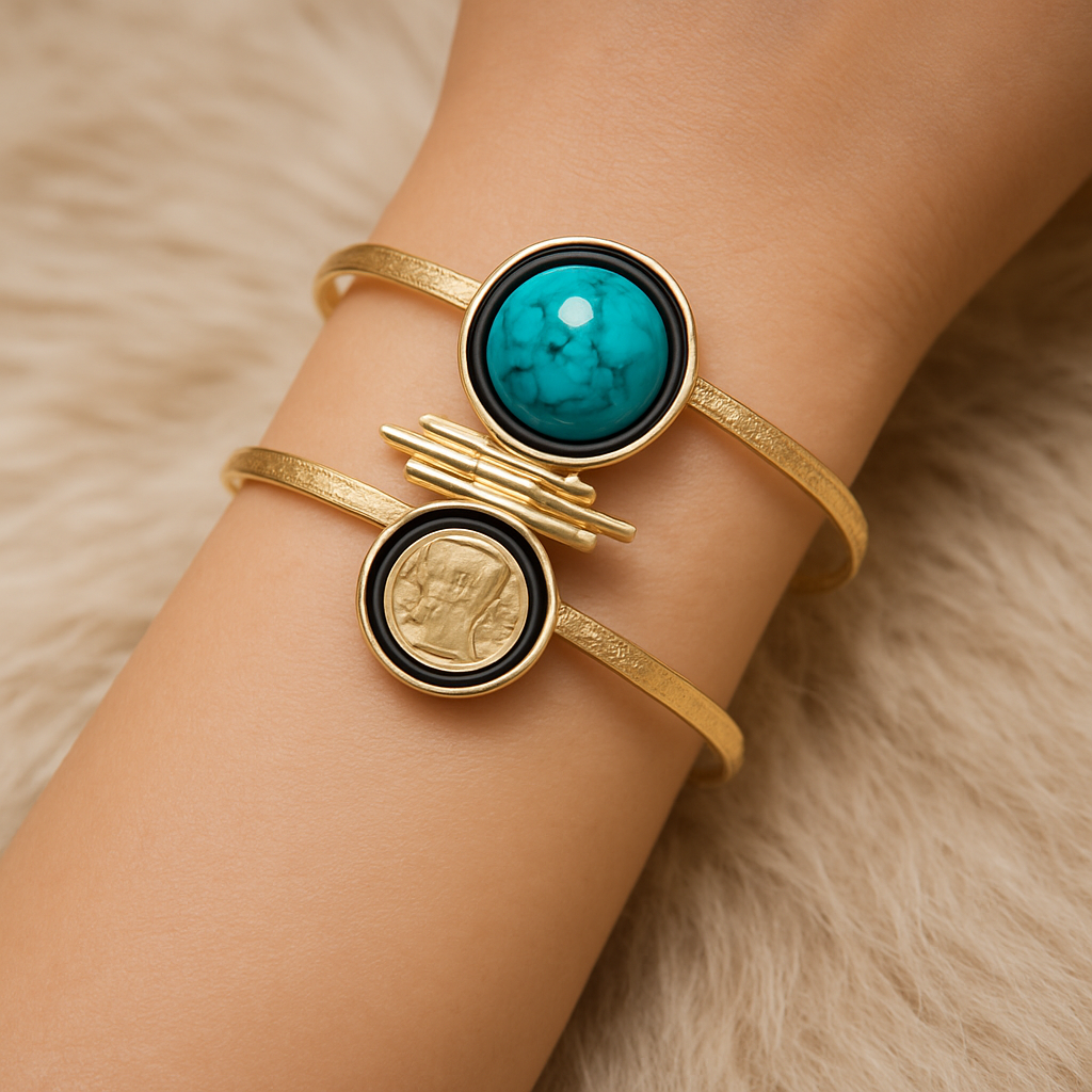 Dual Stone Gold-Tone Cuff Bracelet with Turquoise and Coin Motif