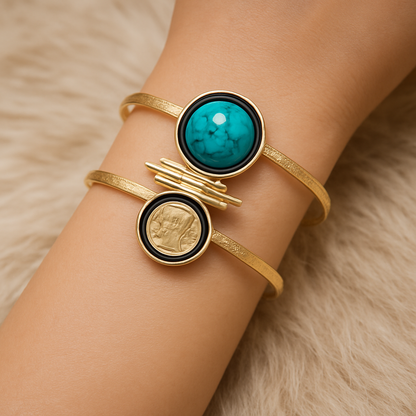 Dual Stone Gold-Tone Cuff Bracelet with Turquoise and Coin Motif