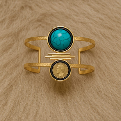 Dual Stone Gold-Tone Cuff Bracelet with Turquoise and Coin Motif