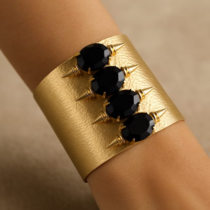 Bold Textured Gold Cuff Bracelet with Black Stone Spikes