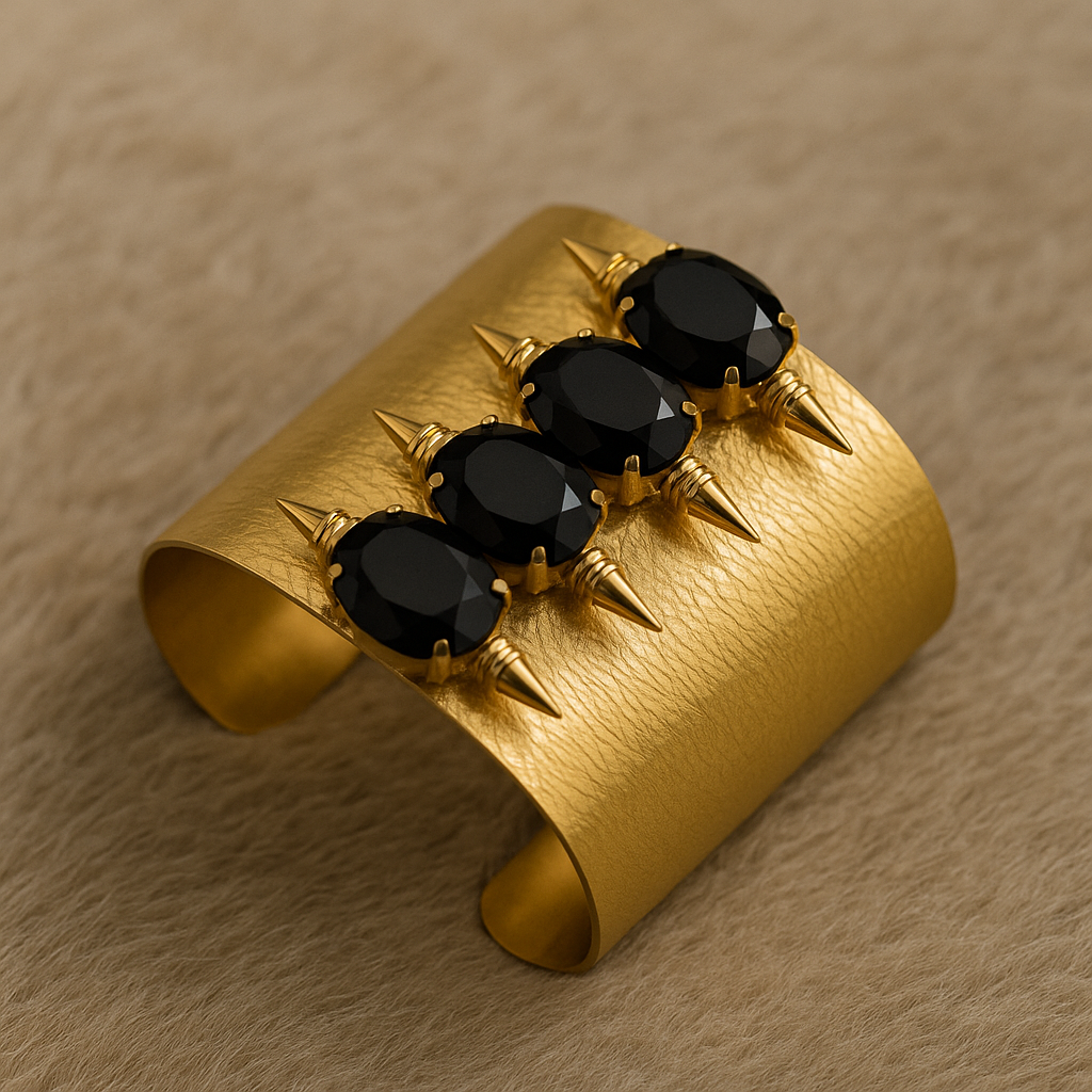 Bold Textured Gold Cuff Bracelet with Black Stone Spikes
