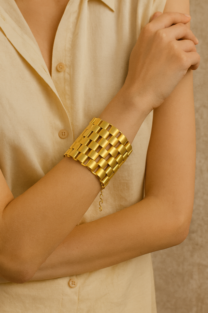 Wide Gold-Tone Block Link Cuff Bracelet
