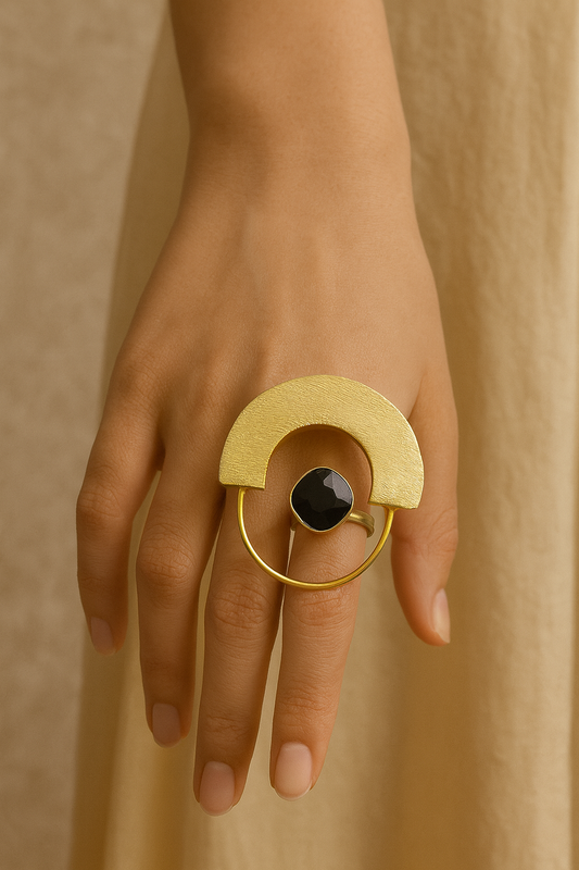 Bold Geometric Gold-Tone Statement Ring with Black Stone