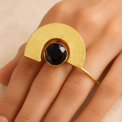 Bold Geometric Gold-Tone Statement Ring with Black Stone