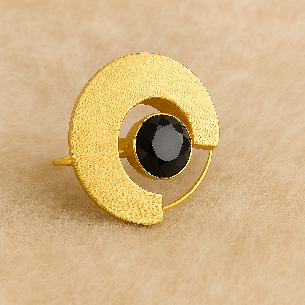 Bold Geometric Gold-Tone Statement Ring with Black Stone