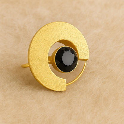 Bold Geometric Gold-Tone Statement Ring with Black Stone