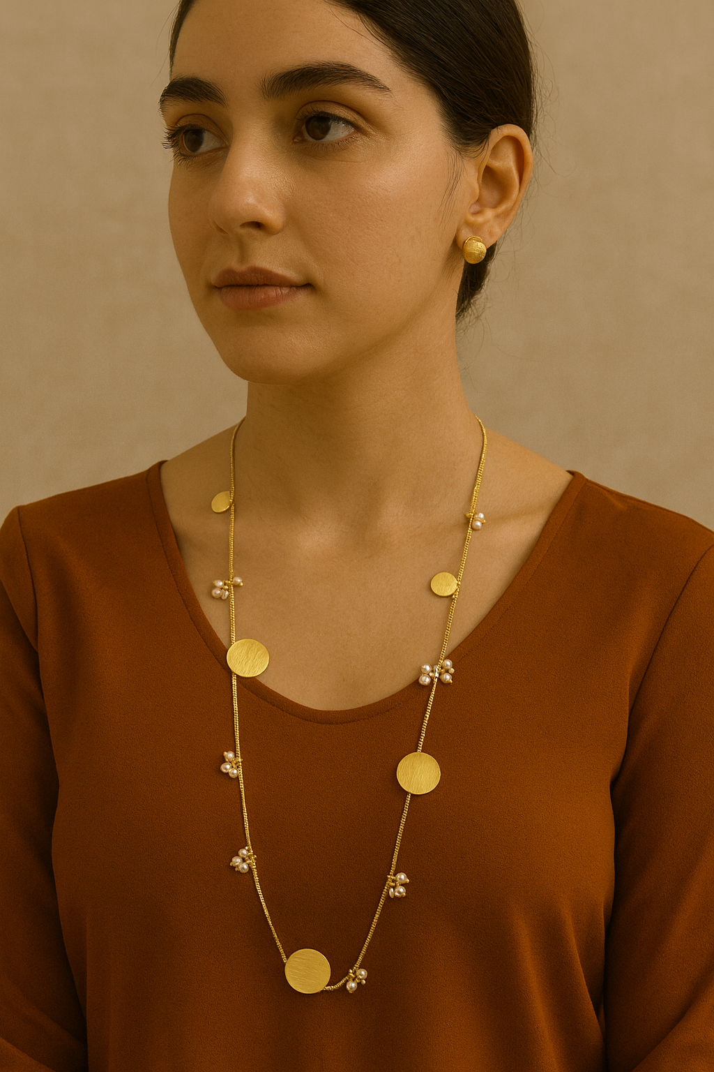 Gold-Tone Necklace with Disc Motifs and Pearl Clusters