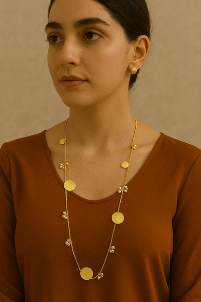 Gold-Tone Necklace with Disc Motifs and Pearl Clusters