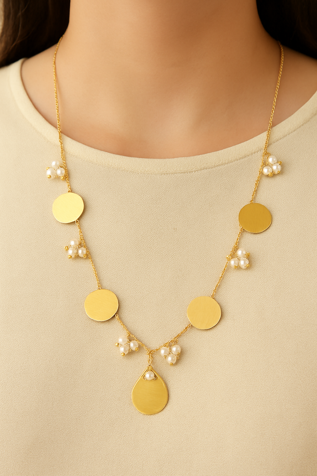 Gold-Tone Necklace with Disc Motifs and Pearl Clusters