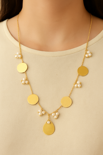 Gold-Tone Necklace with Disc Motifs and Pearl Clusters