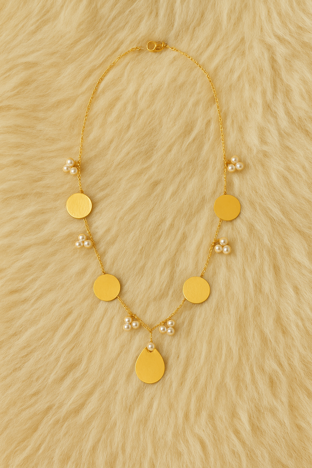 Gold-Tone Necklace with Disc Motifs and Pearl Clusters