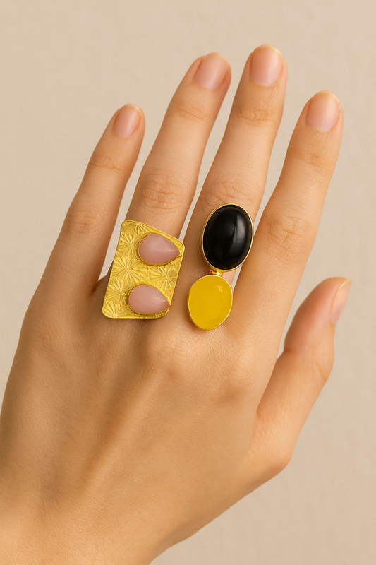 Dual Statement Ring Set – Gold-Tone with Pink, Black & Yellow Stones