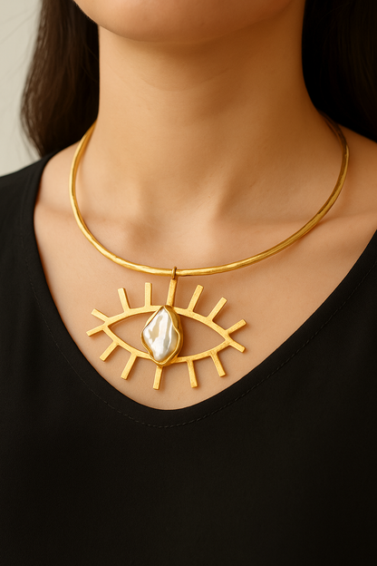 Gold-Tone Hasli Necklace with Eye Motif and Pearl Accent