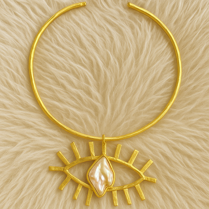 Gold-Tone Hasli Necklace with Eye Motif and Pearl Accent