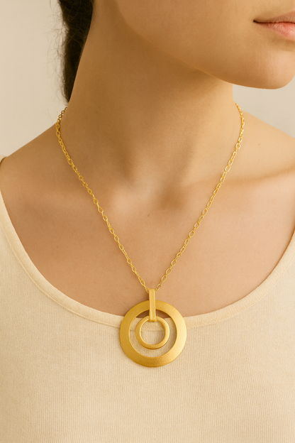Geometric Gold-Tone Pendant Necklace with Double Circle Design
