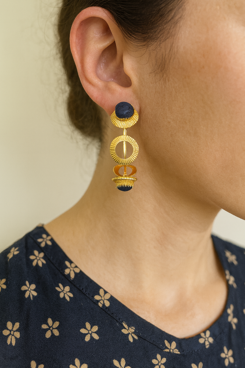 Gold-Toned Disc Drop Earrings with Black Synthetic Stones