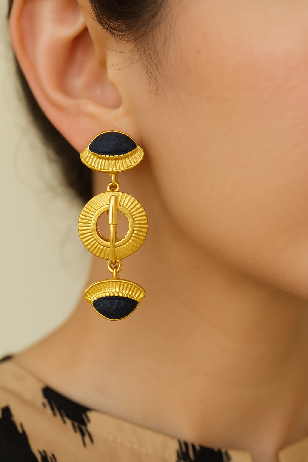 Gold-Toned Disc Drop Earrings with Black Synthetic Stones