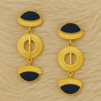 Gold-Toned Disc Drop Earrings with Black Synthetic Stones