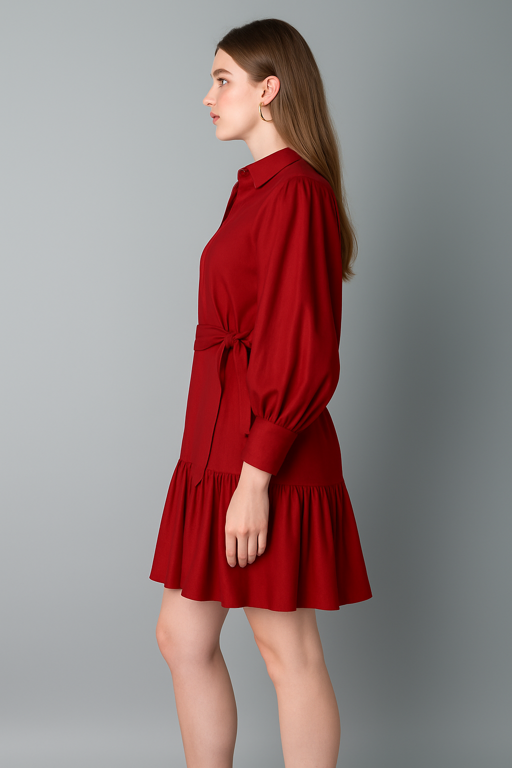 Brick Red  Puff Sleeve Belted  Dress