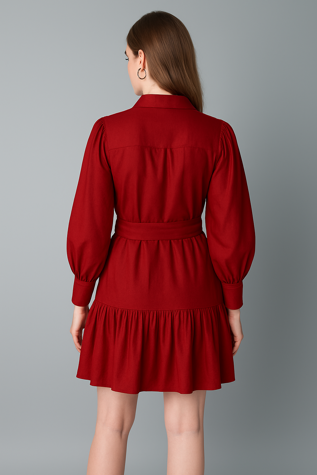 Brick Red  Puff Sleeve Belted  Dress