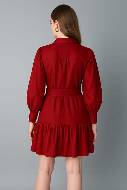 Brick Red  Puff Sleeve Belted  Dress