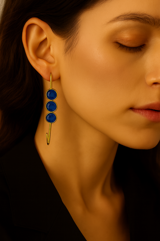 Gold-Toned Hook Drop Earrings with Blue