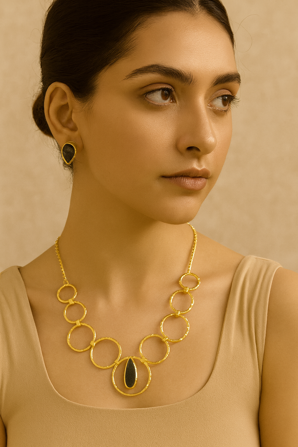 Gold-Tone Circle Motif Necklace & Teardrop Stud Earring Set