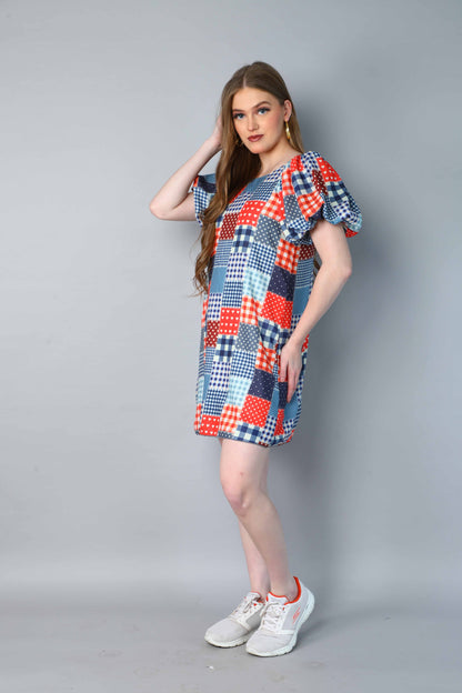 Patch Print  Puff Sleeve Mini Dress