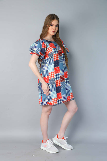 Patch Print  Puff Sleeve Mini Dress