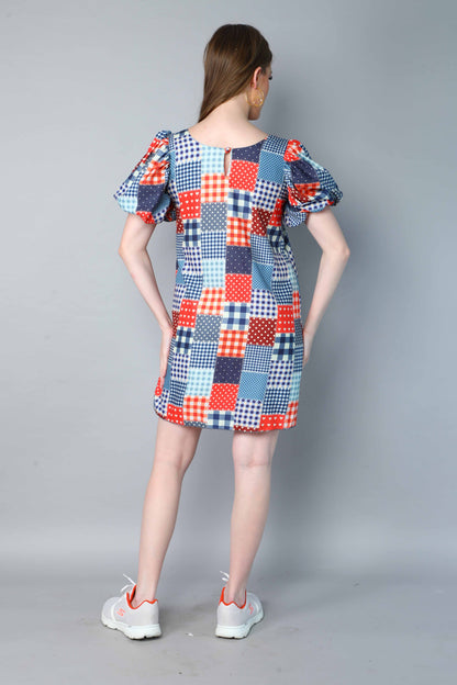 Patch Print  Puff Sleeve Mini Dress