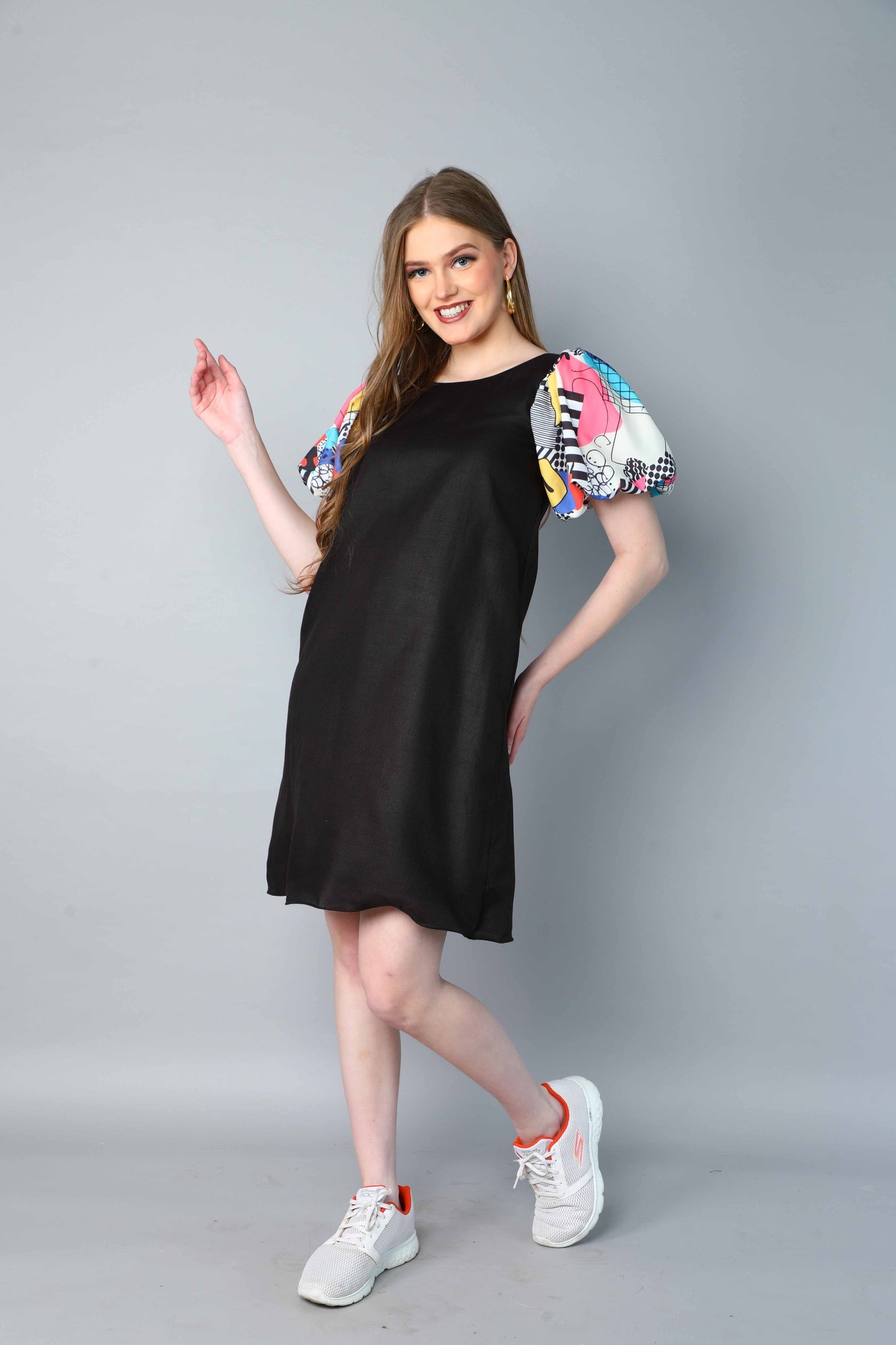 Black Dress with Printed Puff Sleeves