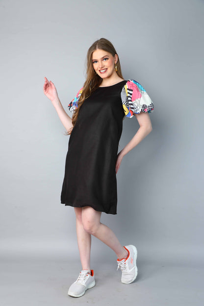 Black Dress with Printed Puff Sleeves