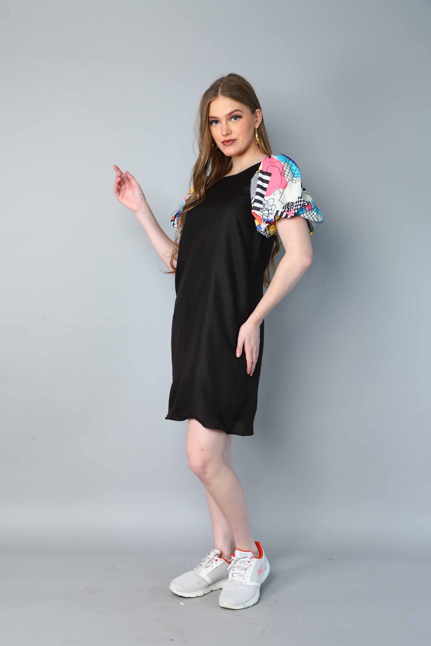 Black Dress with Printed Puff Sleeves