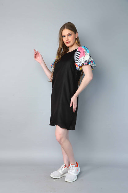 Black Dress with Printed Puff Sleeves