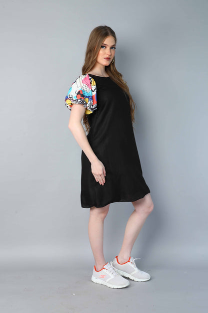Black Dress with Printed Puff Sleeves