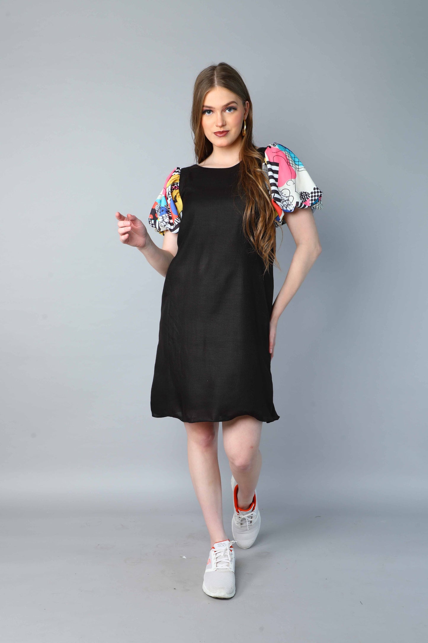Black Dress with Printed Puff Sleeves